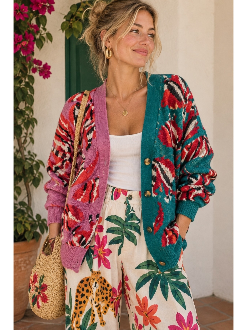 Farm Rio Colorblock Floral Knit Cardigan Sweater - Pink & Teal